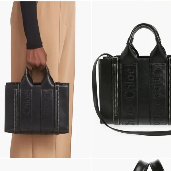 Auth Chloe Woody Small Tote Bag Black Smooth Calfskin - Picture 3 of 10